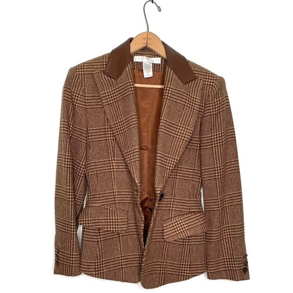 The Limited | Vintage Brown Houndstooth Leather Trim Fitted Blazer - Picture 4 of 7